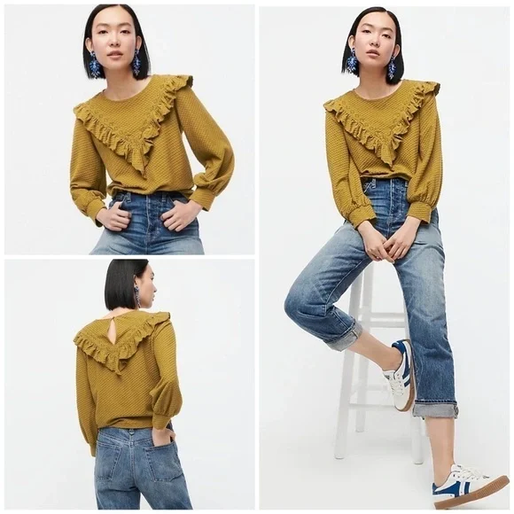Crew Tops J Crew Ruffle Trim Honeycomb Knit Cotton Blouse S - Main Image